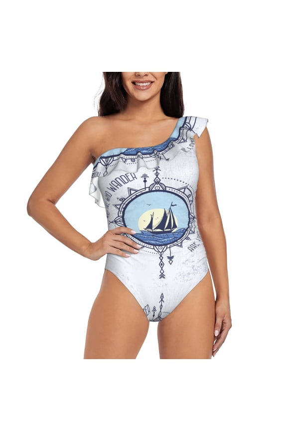 Not All Who Wander Are Lost2 Pattern Women One Piece Swimsuits Tummy Control One Shoulder Bathing Suits Ruffle Swimwear-Large