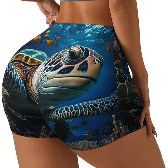 Rateoe Ocean Coral Turtle Printed Power Workout Shorts for Women Tummy Control Squat Proof Ribbed Thick Seamless Scrunch Active Short-Large