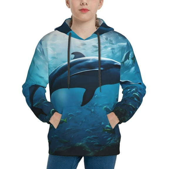Rateoe Ocean Dolphin Fish School Pattern Boys Hoodie, Youth Pullover Hooded Sweatshirt, Kangaroo Pocket Hoodie for Kids-Medium