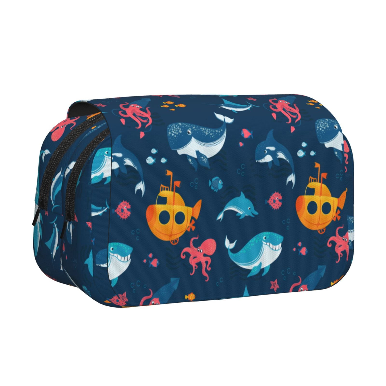 Rateoe Ocean Floor Animals Pattern Double Clamshell Pen Case, Storage Organizer with Two Zipper Compartments– Holds Up to 50 Pencils & Pens