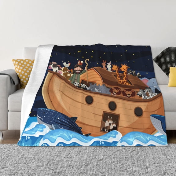 Rateoe Ocean Scene with Noah's Ark Pattern Flannel Throw Blanket, Ultra-soft Blanket for Bed, Couch, Car, Hypoallergenic Anti-pilling blanket-40"x30"(Horizontal)