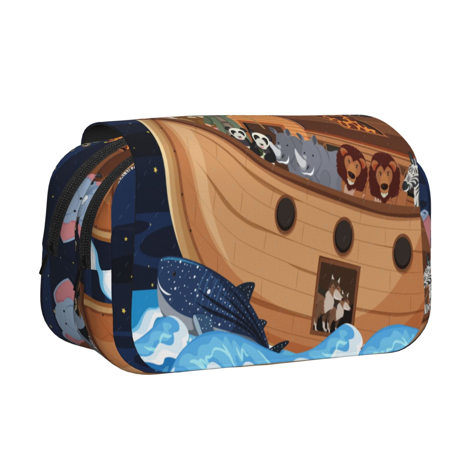 Rateoe Ocean Scene with Noah's Ark Pattern Double Clamshell Pen Case, Storage Organizer with Two Zipper Compartments– Holds Up to 50 Pencils & Pens