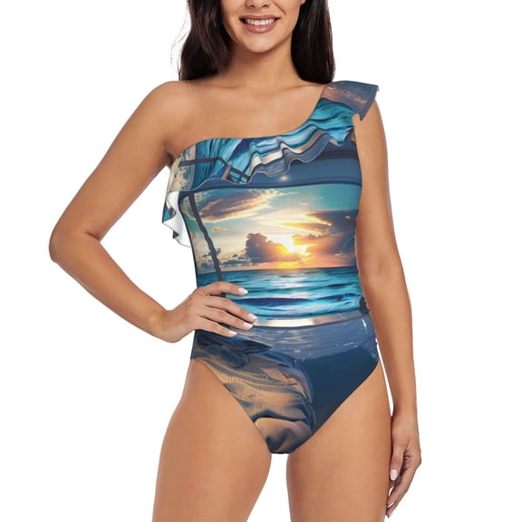 Rateoe Ocean View Bedroom Pattern Women One Piece Swimsuits Tummy Control One Shoulder Bathing Suits Ruffle Swimwear-Medium