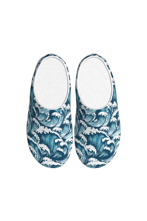 Ocean Waves Print Women's Men's Cotton Knit Slippers Lightweight Memory Foam Indoor House Shoes with Anti-Skid Sole-44/45