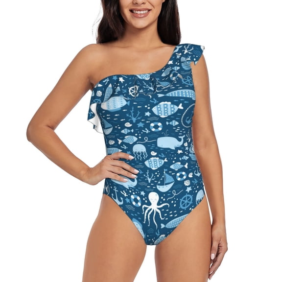 Rateoe Octopus And Whale Pattern Women One Piece Swimsuits Tummy Control One Shoulder Bathing Suits Ruffle Swimwear-XX-Large