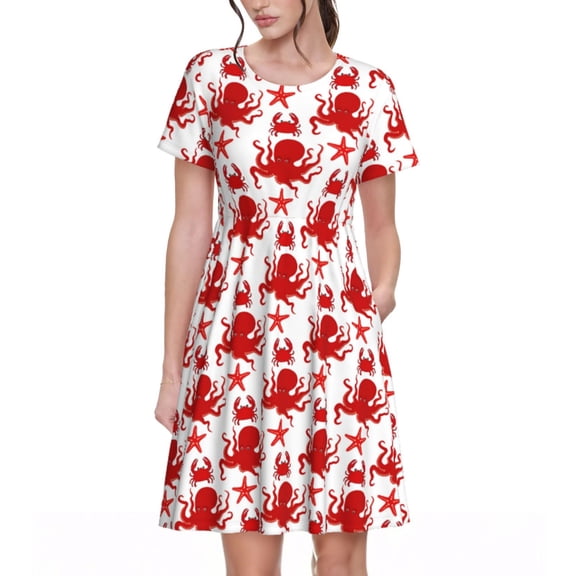 Rateoe Octopus Pattern Women’s Short Sleeve Dress – Casual Elegant Summer A-Line Dress for Everyday Wear