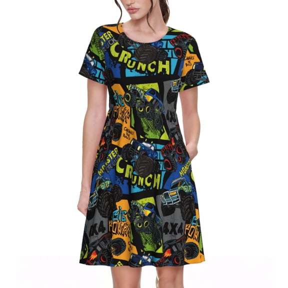 Rateoe Off-Road Vehicle Pattern Women’s Short Sleeve Dress – Casual Elegant Summer A-Line Dress for Everyday Wear