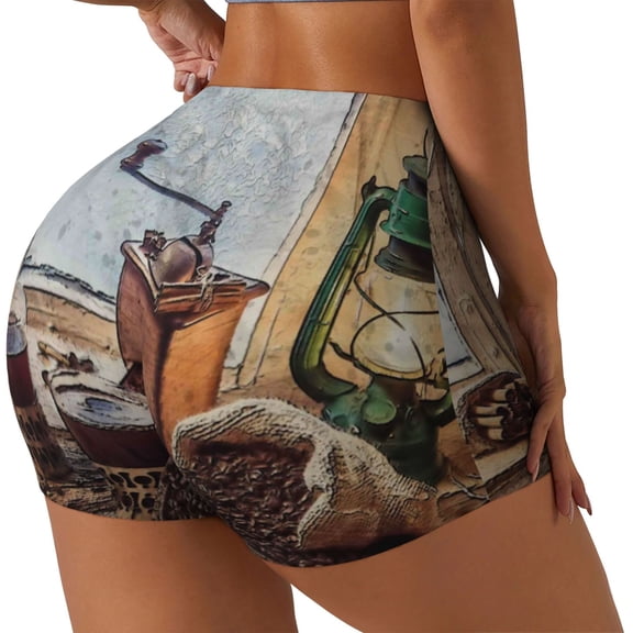 Rateoe Oil Lamp Coffee Beans Printed Power Workout Shorts for Women Tummy Control Squat Proof Ribbed Thick Seamless Scrunch Active Short-Medium