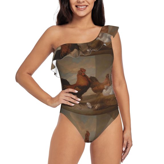 Rateoe Oil Painting Chicken And Duck Pattern Women One Piece Swimsuits Tummy Control One Shoulder Bathing Suits Ruffle Swimwear-