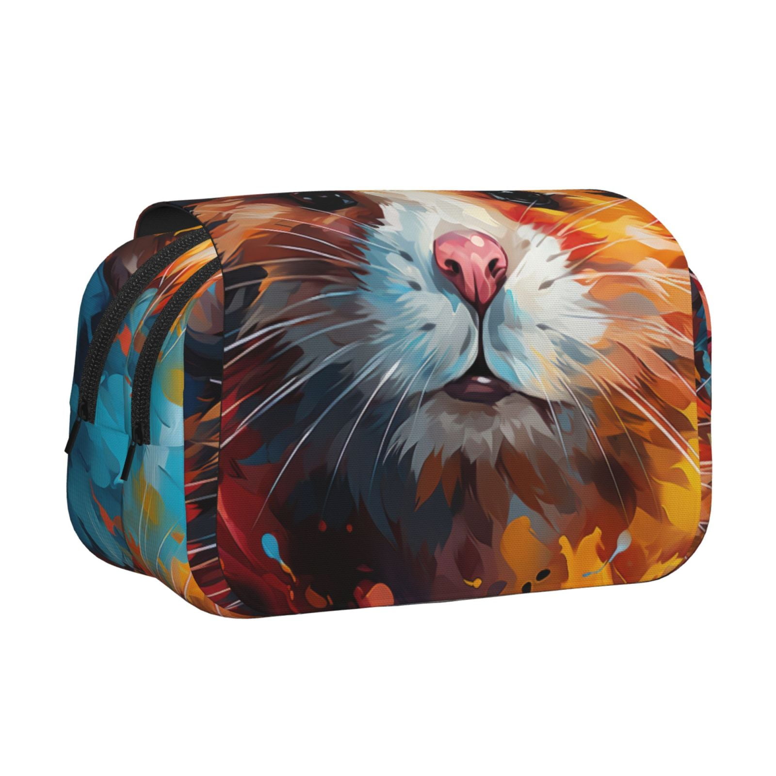 Rateoe Oil Painting Colorful Hamster Pattern Double Clamshell Pen Case, Storage Organizer with Two Zipper Compartments– Holds Up to 50 Pencils & Pens