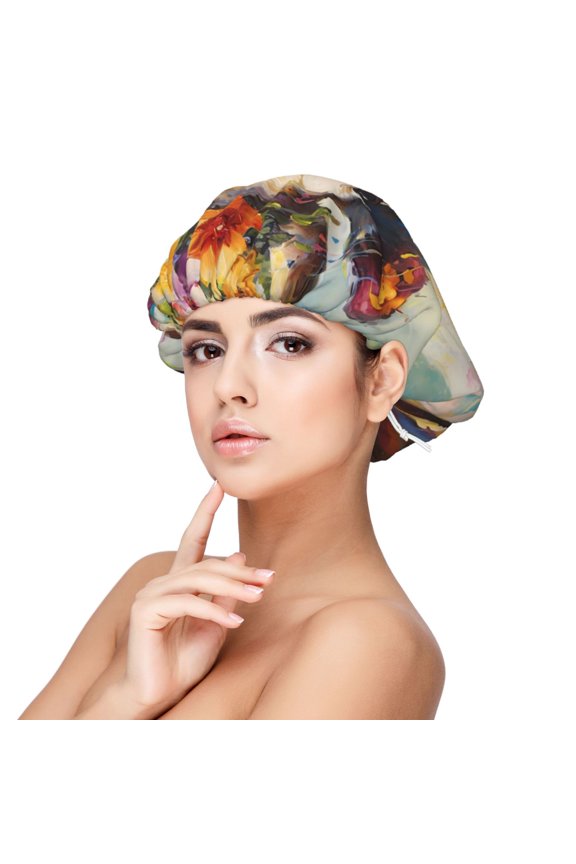 Oil Painting Flower Cow Pattern Silk Satin Hair Bonnet for Sleeping, Adjustable Sleep Cap Turban for Women , Curly Straight Hair Long Large Braid