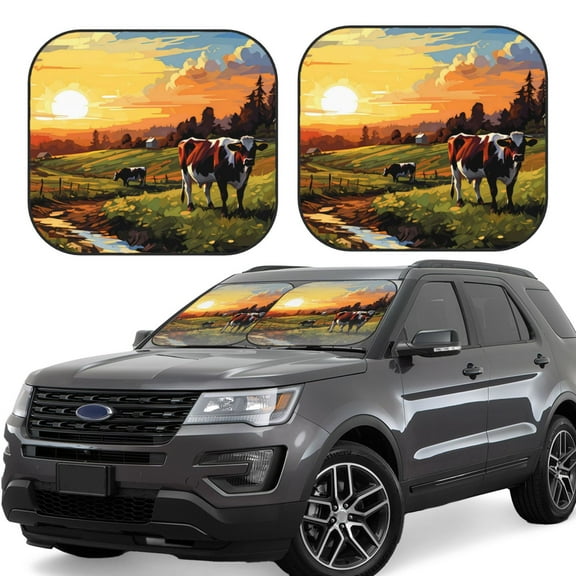 Rateoe Oil Painting Style Pasture Cow Pattern 2 Piece Car Windshield Sun Shade Foldable | Front Windshield Shade for Sun, Heat and UV Rays | Sunshade for Car Front Window-Small