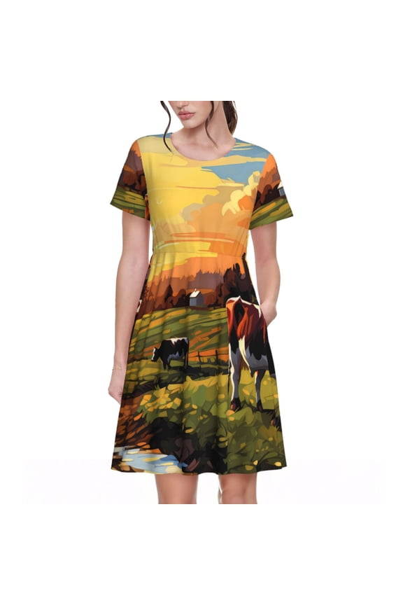 Oil Painting Style Pasture Cow Pattern Women’s Short Sleeve Dress – Casual Elegant Summer A-Line Dress for Everyday Wear