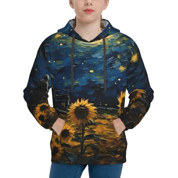 Rateoe Oil Starry Sky Sunflower Pattern Boys Hoodie, Youth Pullover Hooded Sweatshirt, Kangaroo Pocket Hoodie for Kids-X-Large