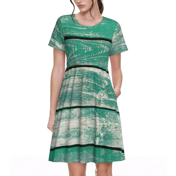 Rateoe Old Green Wooden Pattern Women’s Short Sleeve Dress – Casual Elegant Summer A-Line Dress for Everyday Wear