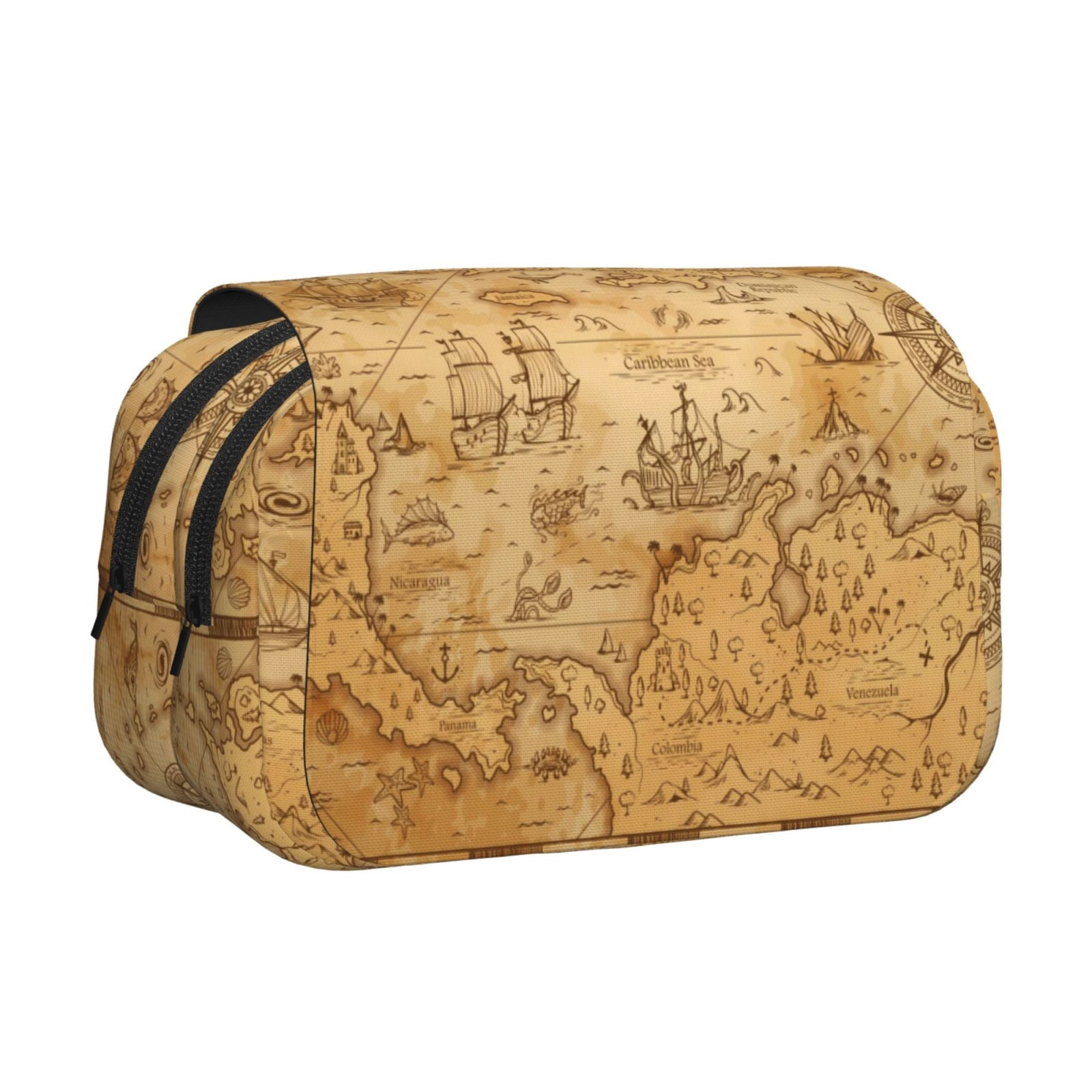 Rateoe Old Vintage Map Of Sea Pattern Double Clamshell Pen Case, Storage Organizer with Two Zipper Compartments– Holds Up to 50 Pencils & Pens