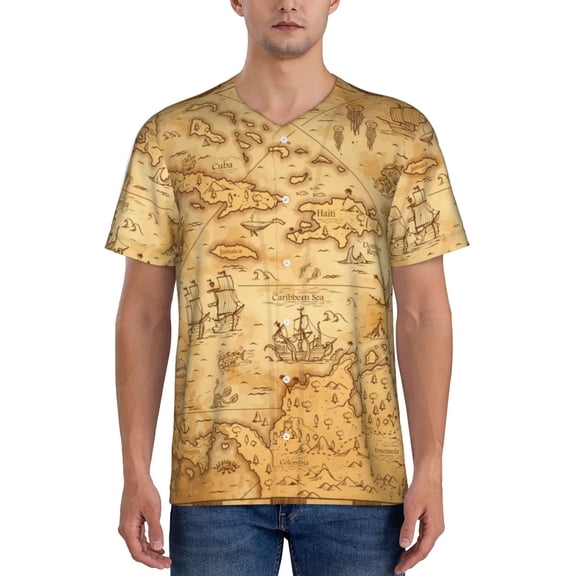 Rateoe Old Vintage Map Of Sea Pattern Men’s Baseball Short Sleeve Polo Shirt, Midweight Men's Shirt Golf Shirt Polo Shirts Quick Dry Short-Medium