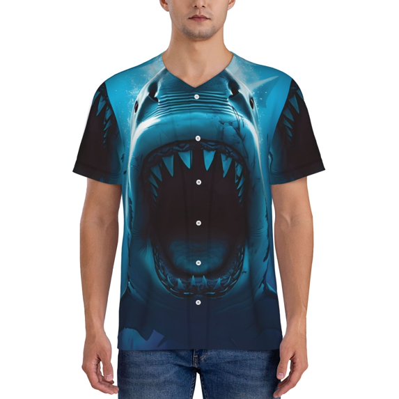 Rateoe Open-Mouthed Shark Pattern Men’s Baseball Short Sleeve Polo Shirt, Midweight Men's Shirt Golf Shirt Polo Shirts Quick Dry Short-Large