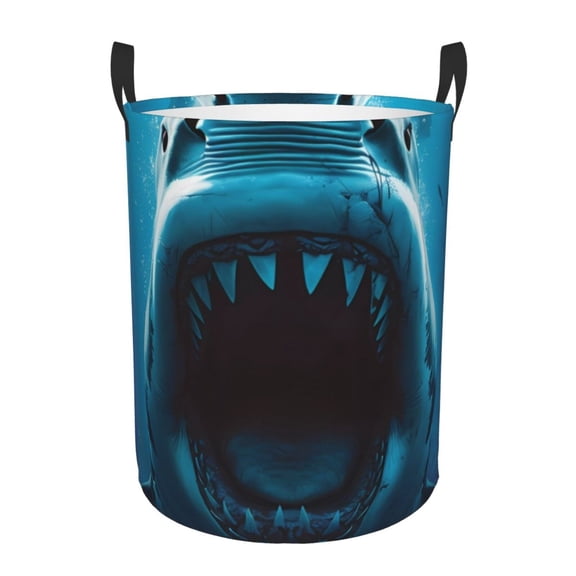 Rateoe Open-Mouthed Shark Pattern Round Laundry Hamper Basket, Tall Hamper Basket for Blanket Storage, Nursery Clothes Hamper for Laundry in Bedroom and College Dorm-Medium