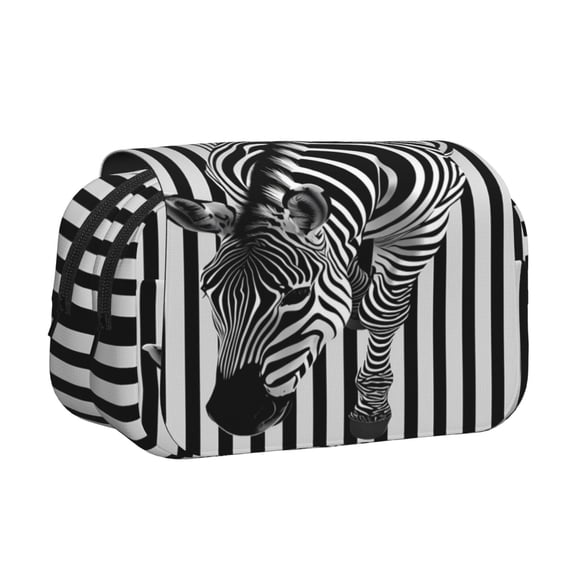 Rateoe Optical Zebra Illusion Pattern Double Clamshell Pen Case, Storage Organizer with Two Zipper Compartments– Holds Up to 50 Pencils & Pens