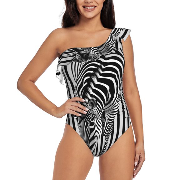 Rateoe Optical Zebra Illusion Pattern Women One Piece Swimsuits Tummy Control One Shoulder Bathing Suits Ruffle Swimwear-XX-Large