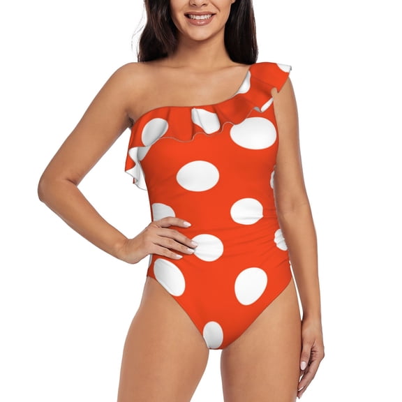 Rateoe Orange And White Polka Dot1 Pattern Women One Piece Swimsuits Tummy Control One Shoulder Bathing Suits Ruffle Swimwear-Large