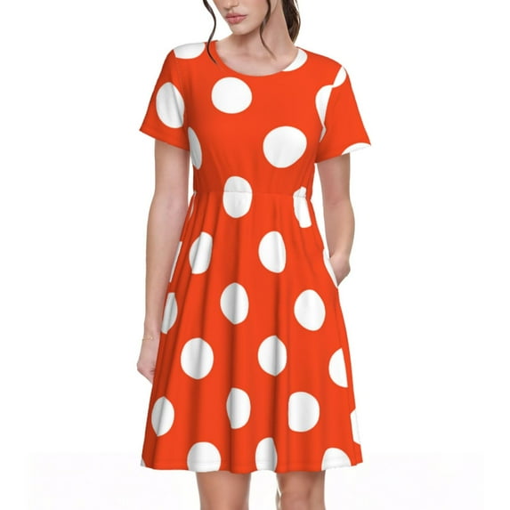 Rateoe Orange And White Polka Dot1 Pattern Women’s Short Sleeve Dress – Casual Elegant Summer A-Line Dress for Everyday Wear