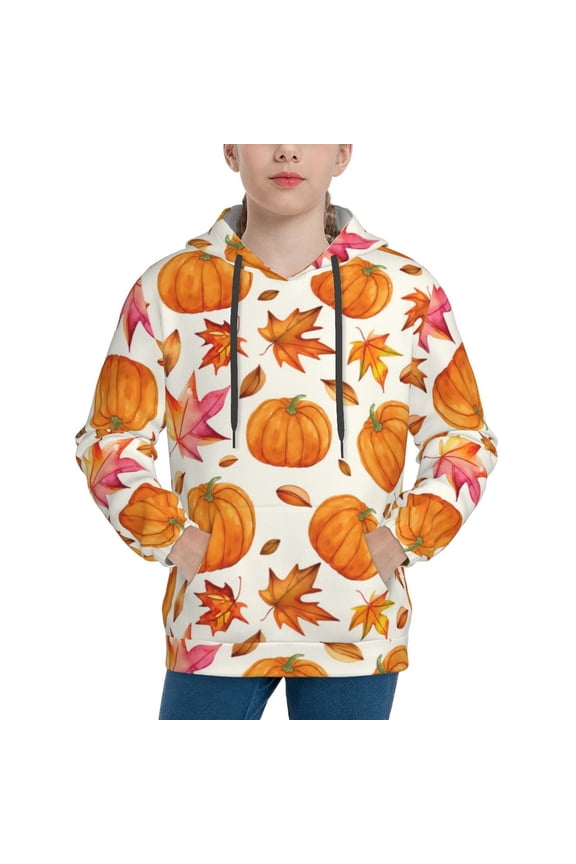 Orange Autumn Leaves Pattern Boys Hoodie, Youth Pullover Hooded Sweatshirt, Kangaroo Pocket Hoodie for Kids-Small