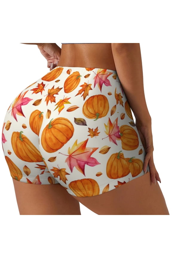 Orange Autumn Leaves Printed Power Workout Shorts for Women Tummy Control Squat Proof Ribbed Thick Seamless Scrunch Active Short-Large