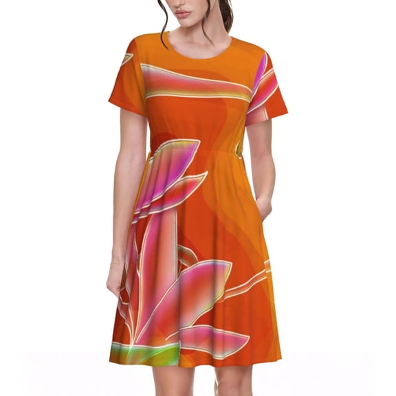 Rateoe Orange Flower Psychedelic Pattern Women’s Short Sleeve Dress – Casual Elegant Summer A-Line Dress for Everyday Wear