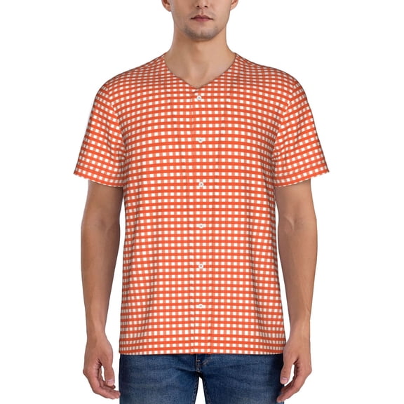 Rateoe Orange Gingham Pattern Men’s Baseball Short Sleeve Polo Shirt, Midweight Men's Shirt Golf Shirt Polo Shirts Quick Dry Short-X-Large