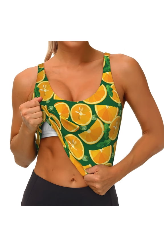 Orange Lemon Print Womens' Sports Bras Scoop Neck Sports Vest- Padded U Back Seamless High Impact Support