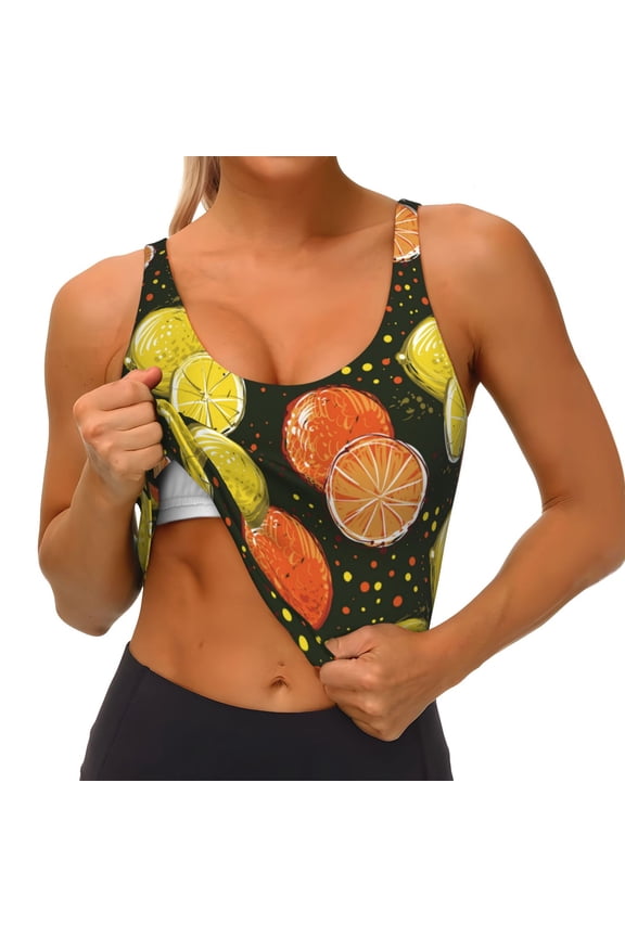 Orange Lemon Print Womens' Sports Bras Scoop Neck Sports Vest- Padded U Back Seamless High Impact Support