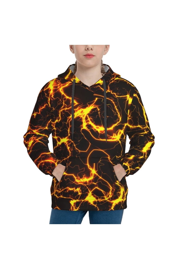 Orange Lightning Pattern Boys Hoodie, Youth Pullover Hooded Sweatshirt, Kangaroo Pocket Hoodie for Kids-