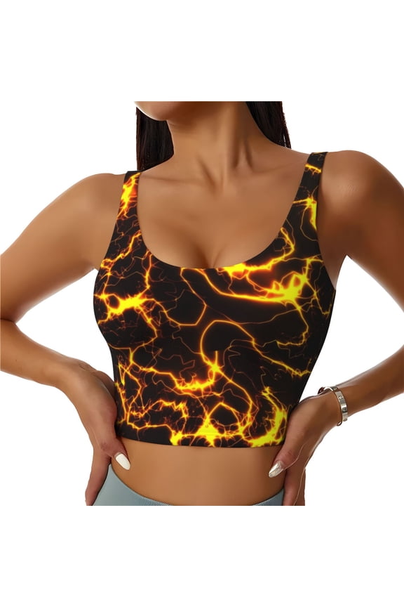 Orange Lightning Print Womens' Sports Bras Scoop Neck Sports Vest- Padded U Back Seamless High Impact Support-Large