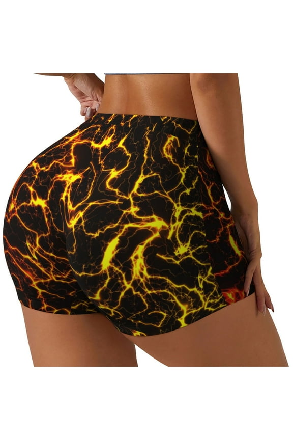 Orange Lightning Printed Power Workout Shorts for Women Tummy Control Squat Proof Ribbed Thick Seamless Scrunch Active Short-Small