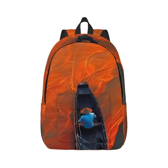 Rateoe Orange Net Fishing Boat Pattern Canvas College Laptop Backpack,Travel Daypack,Durable Rucksack Travel Notebook Bag School Backpack Book Bag for Men Women-Small
