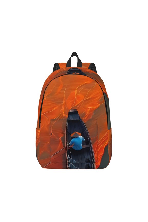 Orange Net Fishing Boat Pattern Canvas College Laptop Backpack,Travel Daypack,Durable Rucksack Travel Notebook Bag School Backpack Book Bag for Men Women-Small