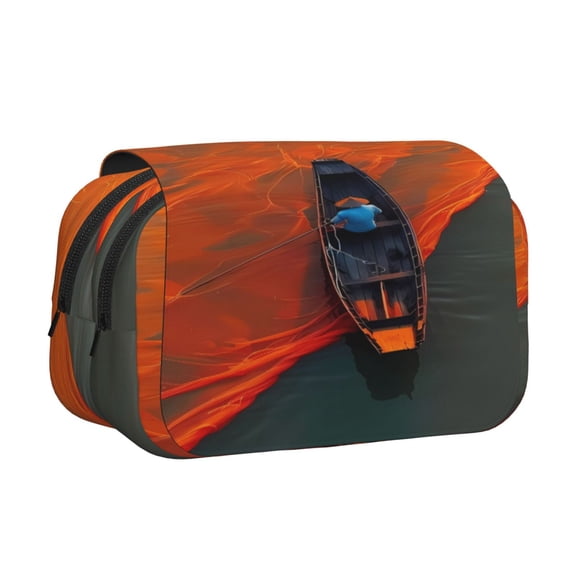 Rateoe Orange Net Fishing Boat Pattern Double Clamshell Pen Case, Storage Organizer with Two Zipper Compartments Holds Up to 50 Pencils & Pens