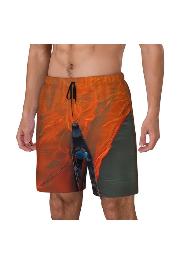 Orange Net Fishing Boat Pattern Men’s Swim Shorts with Compression Liner – Double-Layered Quick-Dry Swimwear, Comfortable & Stretchy Beach Shorts-Large