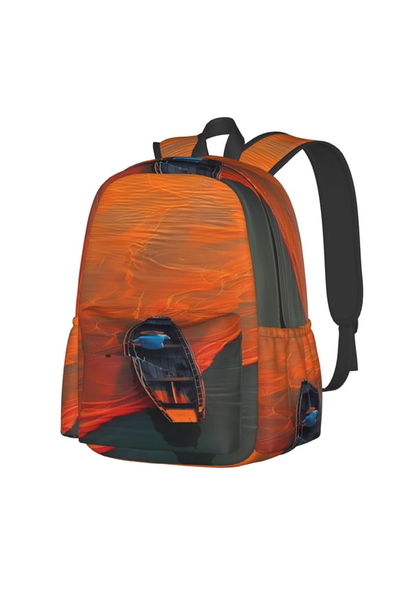 Orange Net Fishing Boat Pattern Student Backpack,Backpack for School,Lightweight Bag,Travel Backpack,Outdoor Backpack,Large Capacity Backpack