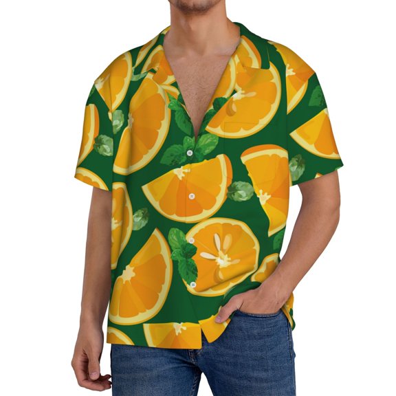 Rateoe Orange Pattern Men's Short Sleeve Classic Shirt, Casual Short-Sleeved Shirt, Lightweight Summer Shirt, Cuban Collar Shirt,Button-Front Shirt-Medium