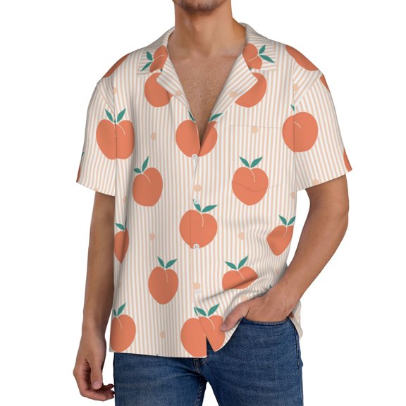 Rateoe Orange Peach Pattern Men's Short Sleeve Classic Shirt, Casual Short-Sleeved Shirt, Lightweight Summer Shirt, Cuban Collar Shirt,Button-Front Shirt-