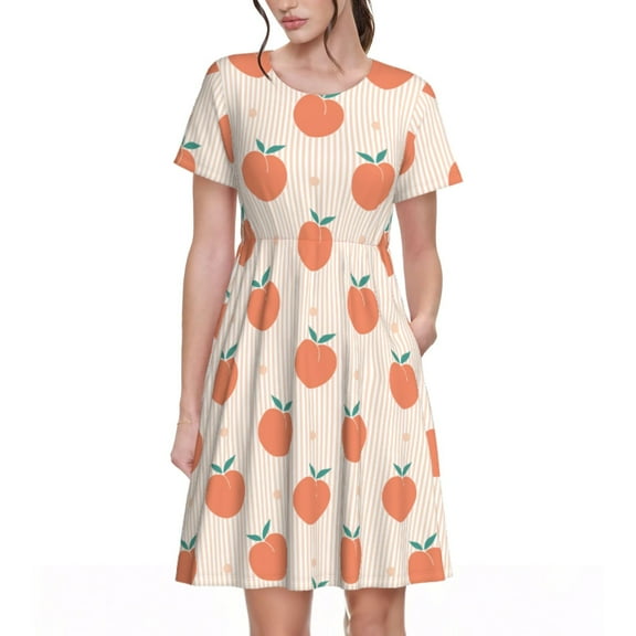 Rateoe Orange Peach Pattern Women’s Short Sleeve Dress – Casual Elegant Summer A-Line Dress for Everyday Wear