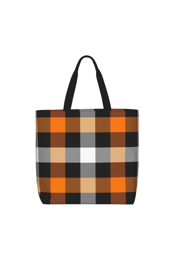 Orange Plaid Print Lightweight Tote Bag for Women, Water-Resistant Shoulder Bag with Zipper, Spacious Casual Handbag for Work, School, Shopping