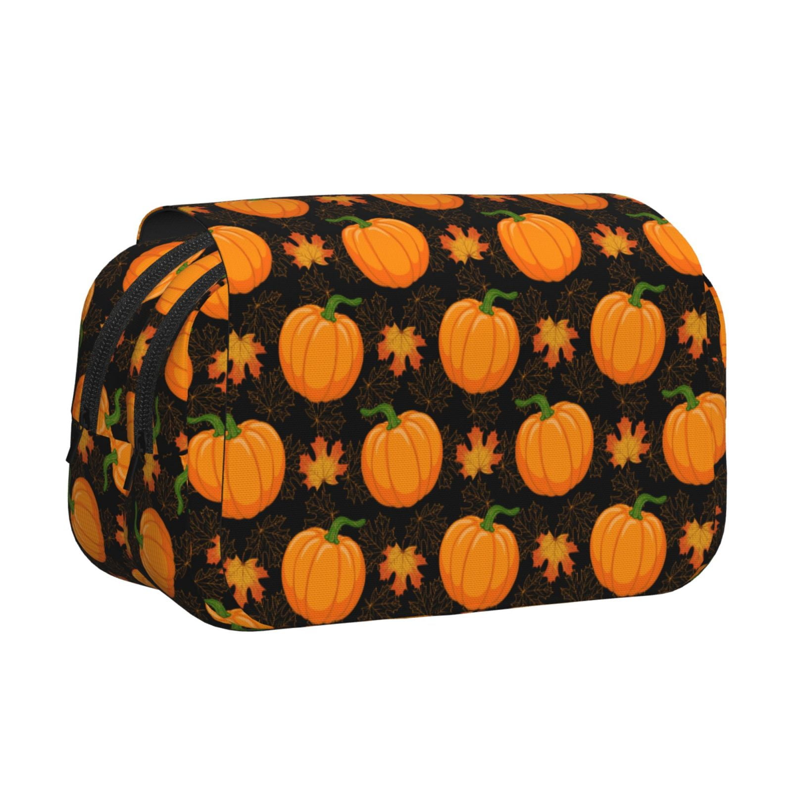 Rateoe Orange Pumpkin And Autumn Maple Pattern Double Clamshell Pen Case, Storage Organizer with Two Zipper Compartments– Holds Up to 50 Pencils & Pens