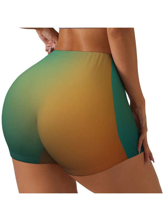 Orange To Teal Gradient Printed Power Workout Shorts for Women Tummy Control Squat Proof Ribbed Thick Seamless Scrunch Active Short-Large