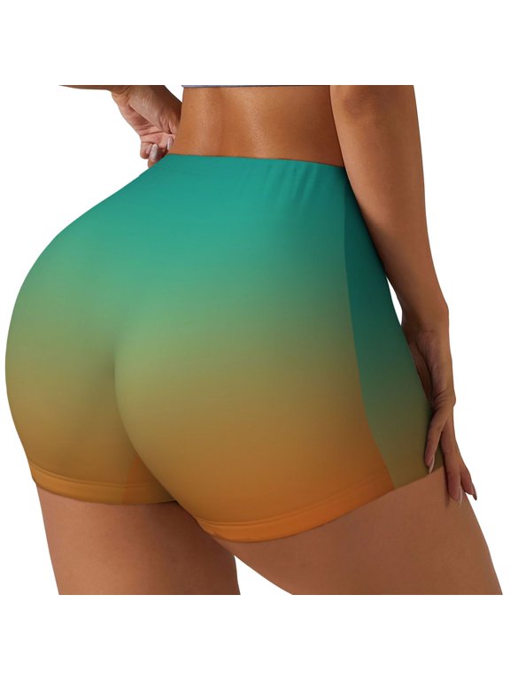 Orange To Teal Gradient1 Printed Power Workout Shorts for Women Tummy Control Squat Proof Ribbed Thick Seamless Scrunch Active Short-Medium