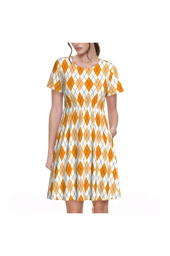 Orange argyle Pattern Women’s Short Sleeve Dress – Casual Elegant Summer A-Line Dress for Everyday Wear