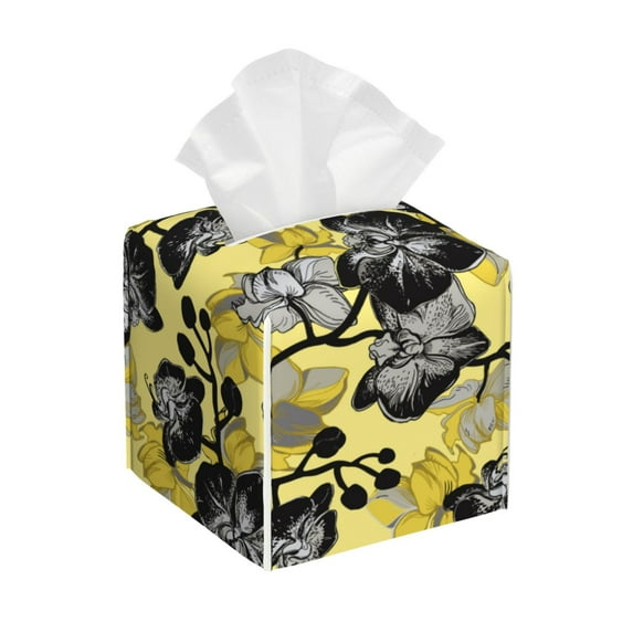 Rateoe Orchids Flowers Pattern Tissue Box Cover, Modern Square Decorative Leather Facial Paper Case Organizer Holder Dispenser 5X5X5''